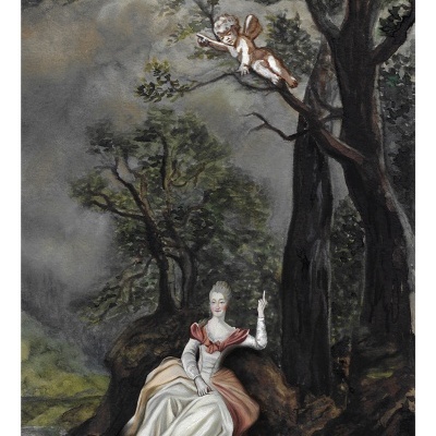 Pintura de mulher em vestido branco e rosa sentada sob árvores com cupido alado acima