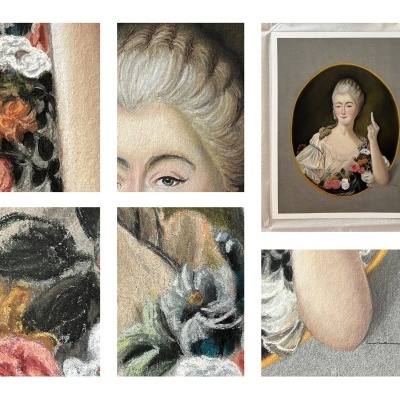 Detalhes de pintura clássica com mulher e flores coloridas em fundo cinzento