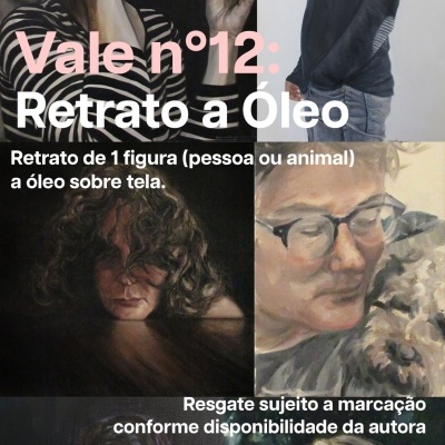 Cartaz promocional com vários retratos a óleo de pessoas e texto em português sobre oferta de retratos a óleo.