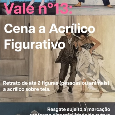Montagem de pinturas figurativas a acrílico com textos promocionais
