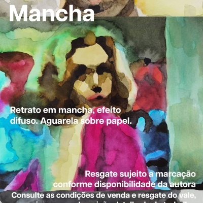 Três pinturas em aguarela com retratos abstratos em diferentes cores e texto promocional.