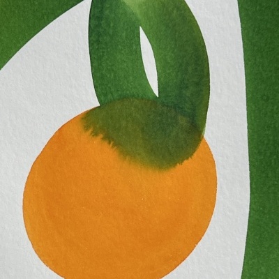 Desenho abstrato com círculo laranja e linhas verdes num fundo branco