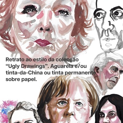 Imagem promocional de ilustrações aguareladas de retratos humanos com texto em português.