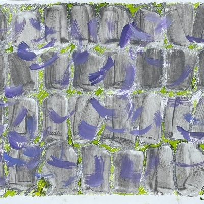 Pintura abstrata com blocos cinza, roxo e verde com textura pincelada