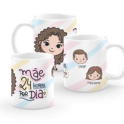  Caneca "Mãe 24H por dia" c/ bonecos personalizados