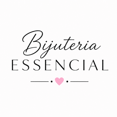 Texto Bijuteria ESSENCIAL em preto com coração rosa no centro inferior, fundo branco