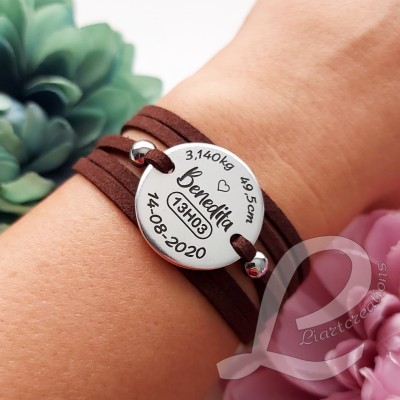 Pulseira 3 voltas em Camurça  c /gravação de dados de nascimento