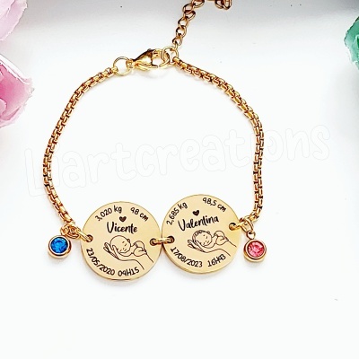 Pulseira em corrente com gravação de dados de nascimento de 2 bebés