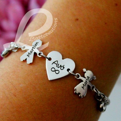 Pulseira c/ coração Avó+ silhuetas personalizadas c/ nome