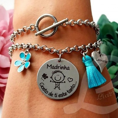 Pulseira 2 voltas em corrente "Madrinha gosto de ti este tanto"