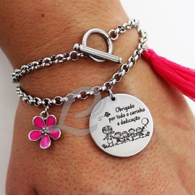 Pulseira 2 voltas em corrente "Obrigado por todo o carinho e dedicação"
