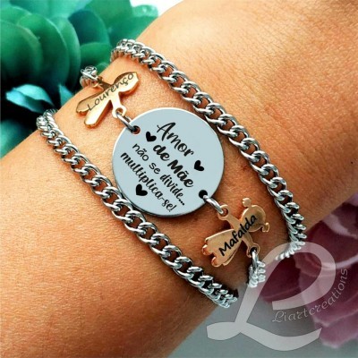 Pulseira 3 voltas em corrente "Amor de Mãe não se divide...multiplica-se!"