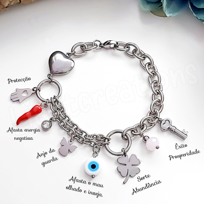 Pulseira em corrente com amuletos sorte/protecção