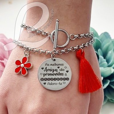 Pulseira 2 voltas em corrente "As melhores Amigas são promovidas a Madrinhas"