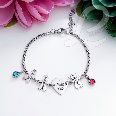 Pulseira c/ coração Avó+ silhuetas personalizadas c/ nome