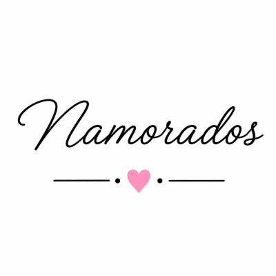 Texto Namorados cursivo preto com coração rosa e linhas pretas em fundo branco