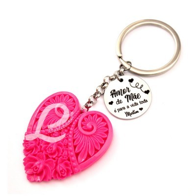 Porta-Chaves Coração Rosa + Medalha Personalizada