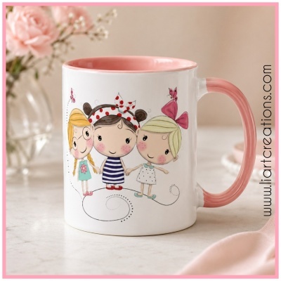 Caneca branca com interior rosa e ilustração de três meninas e flores cor de rosa ao fundo.