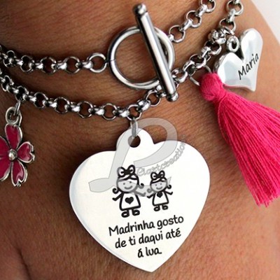 Pulseira 2 voltas em corrente "Madrinha gosto de ti daqui até à lua"