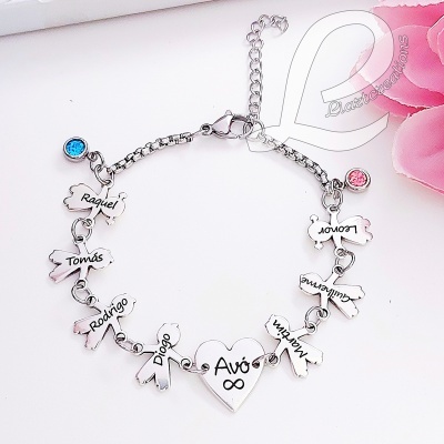 Pulseira c/ coração Avó+ silhuetas personalizadas c/ nome