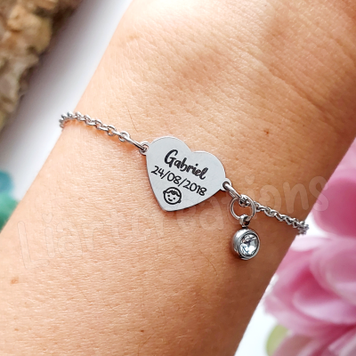Pulseira em aço inoxidável "nome + data + carinha de bebé"