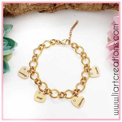 Pulseira Dourada c/ Corações Personalizados com Nome