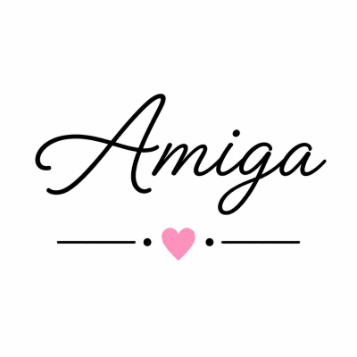 Texto Amiga em letra cursiva preta com coração cor-de-rosa abaixo, fundo branco