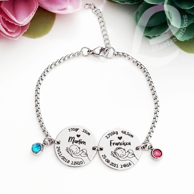 Pulseira em corrente com gravação de dados de nascimento de 2 bebés