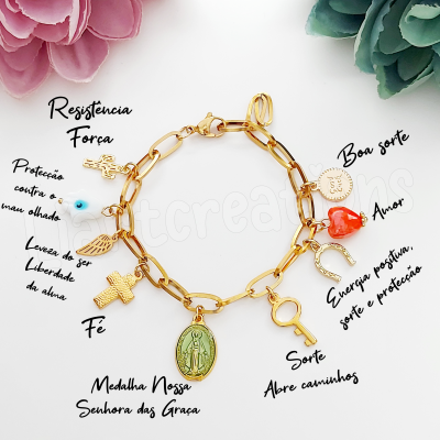 Pulseira em corrente com medalha da Nossa Senhora das Graças e amuletos