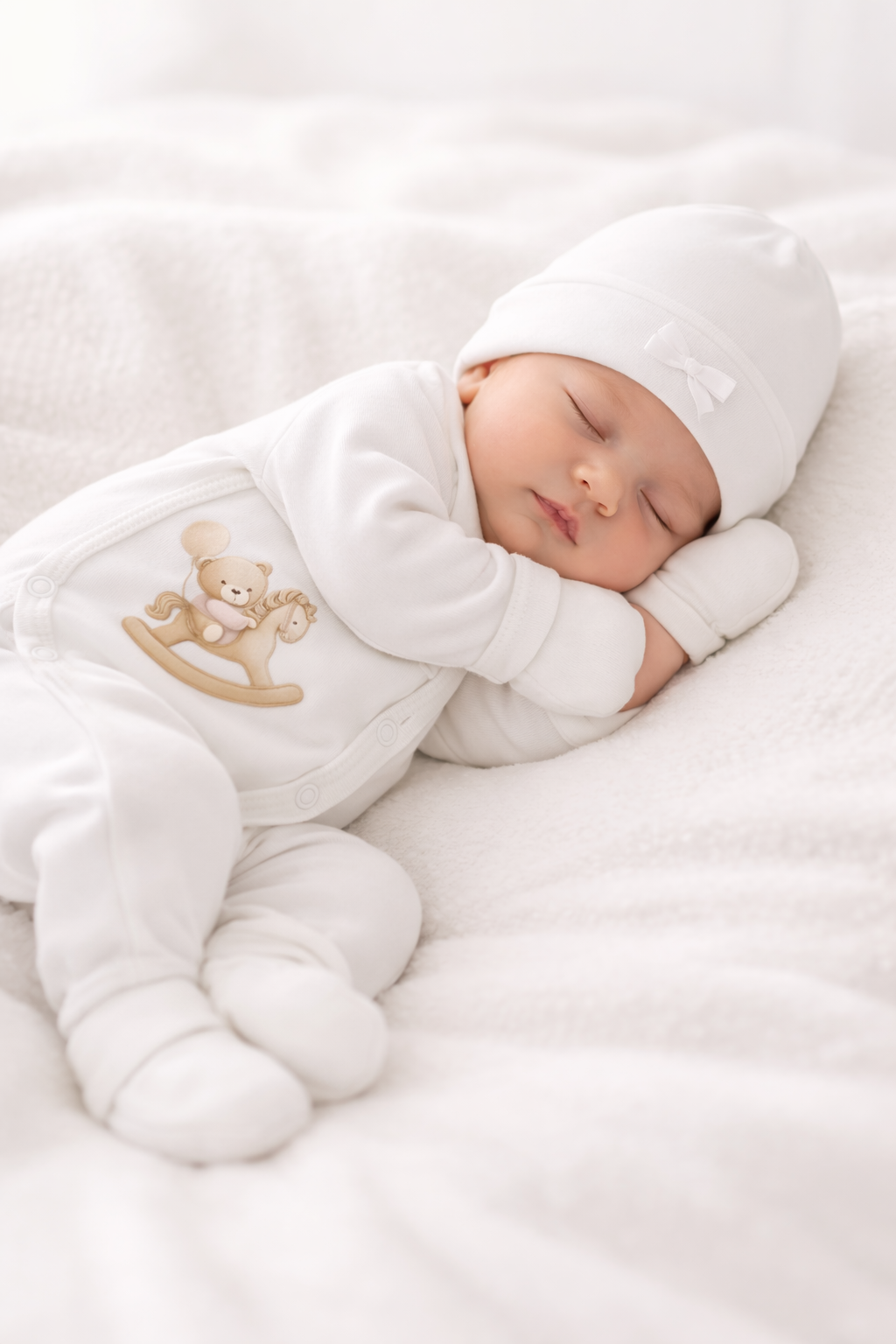 Conjunto de interiores: Urso e Cavalinho Bebé dormindo com roupa branca com estampa de ursinho num cavalinho de balanço