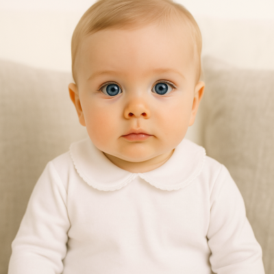 Bebé de body branco com gola sentada num sofá cinzento