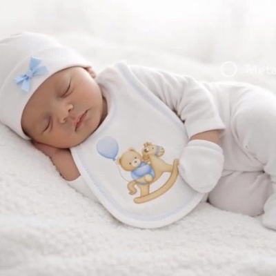 Bebé adormecido com roupa branca e babete com ilustração de ursinho e cavalinho