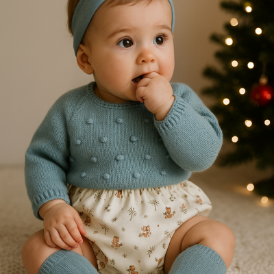 Bebé com roupa de malha azul, fralda com padrão e meias, junto a árvore de Natal