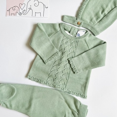 Conjunto de roupa de bebé em malha verde clara com cartão LICILU e ilustração de elefantes