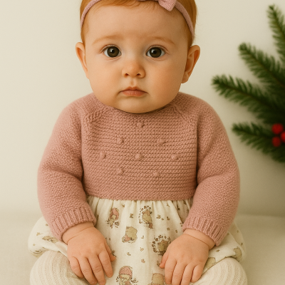 Bebé com vestido malha rosa e padrão bege, meias creme e faixa cabelo rosa com laço