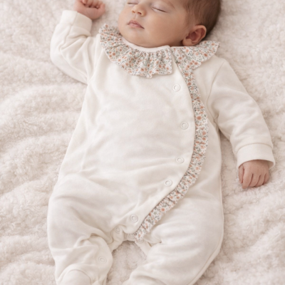 Bebé a dormir com macacão branco creme e gola com padrão floral