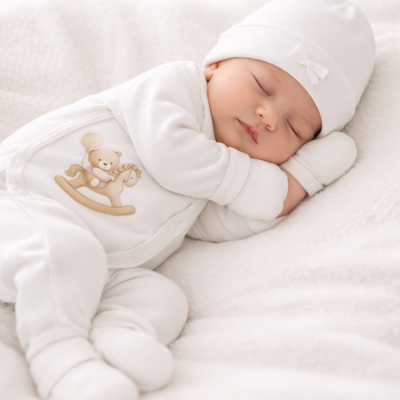 Bebé dormindo com roupa branca com estampa de ursinho num cavalinho de balanço