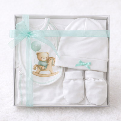 Conjunto bebé branco com desenho de urso, gorro, luvas e babete numa caixa com laço azul