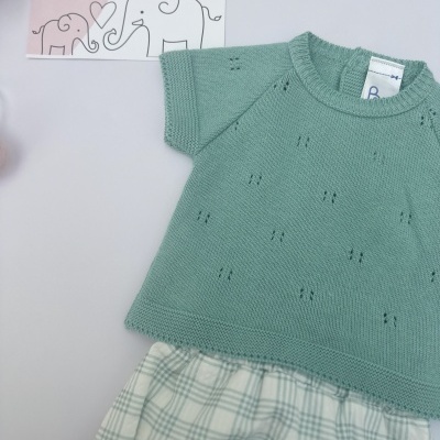 Conjunto de roupa de bebé com camisola verde água e shorts xadrez verde e branco, sobre superfície branca com cartão LICILU e ilustração de elefantes.
