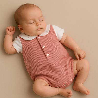 Body de bebé rosa com gola branca e botões, tecido malha suave, bebé deitado