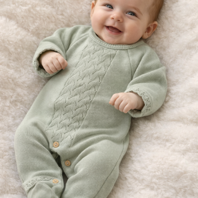Bebé com macacão verde claro de malha com botões e padrão trançado, deitado num fundo felpudo.
