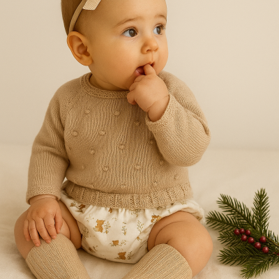 Bebé com roupa bege e fita de cabeça sentada ao lado de ramo de pinheiro com bagas vermelhas