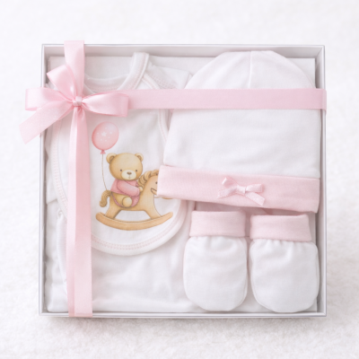 Conjunto de roupa de bebé branco e rosa com estampa de urso e acessórios, embalado com fita rosa