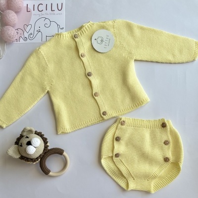 Conjunto de bebé amarelo claro em malha com casaco e cueiro, brinquedo de peluche de leão com anel de madeira