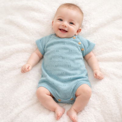 Bebé sorridente com body azul claro de malha e botões de madeira, deitado em superfície branca macia