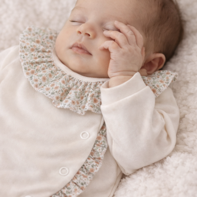 Bebé adormecido com body creme e folhos florais sobre manta branca felpuda