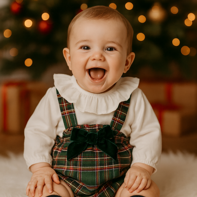 Bebé sorridente com roupa xadrez festiva sentado em tapete branco com árvore de Natal ao fundo