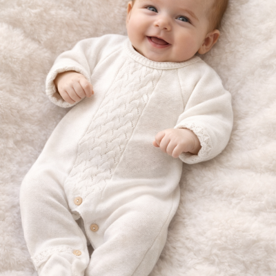 Bebé com macacão branco de malha deitado em cobertor felpudo branco