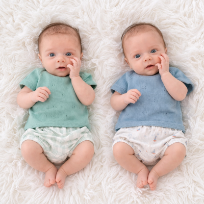 Dois bebés deitados numa manta branca usando roupa de malha verde água e azul com calções estampados.