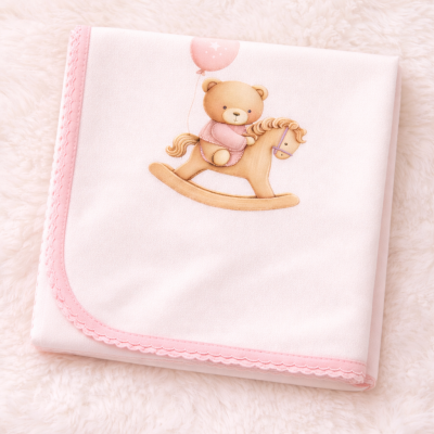 Manta de bebé rosa clara com ursinho num cavalo de balanço e balão cor-de-rosa